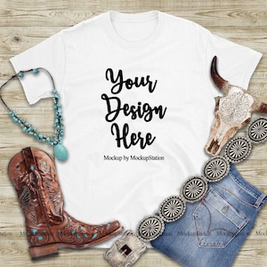 Western Gildan 64000 Tshirt Mockup, Southern White Shirt Mock Up, Blank Country Girl T-Shirt Flat Lay, Texas Women Tee Display