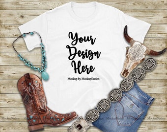 Western T-Shirt Mockup, White Gildan 64000, Southern Tee Flat Lay (Digital Download)