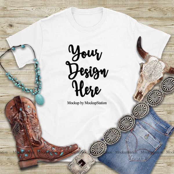 Western Gildan 64000 Tshirt Mockup, Southern White Shirt Mock Up, Blank Country Girl T-Shirt Flat Lay, Texas Women Tee Display