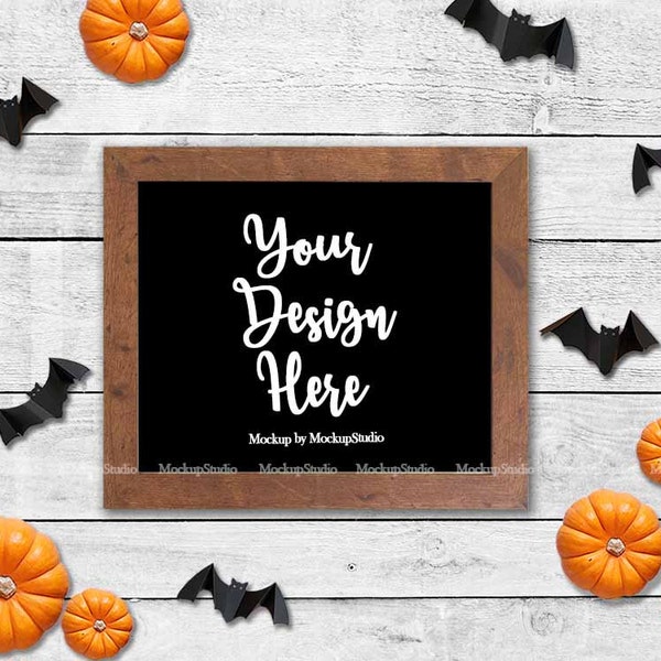 Halloween Black Sign Mockup, Fall Farm Wood Sign Mock Up, Autumn Farmhouse Sign Display Wood Frame, Square Thanksgiving Decor Sign Flat Lay