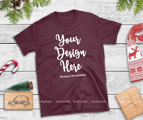 Christmas T Shirt Mock Up Gildan Maroon 64000 Tshirt Flat Etsy