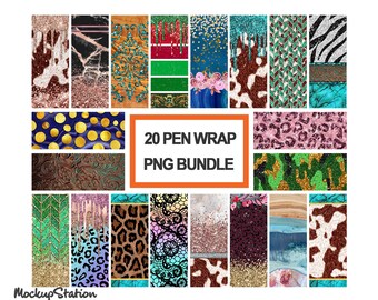 May include: A digital download of 20 pen wrap designs. The designs feature a variety of patterns, including glitter, marble, animal print, and floral. The text "20 PEN WRAP PNG BUNDLE" is displayed in the center of the image.