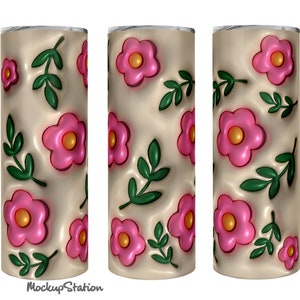 3D Gonflé Tumbler Wrap Flower Design Sublimation PNG, Puffy Pink Retro Floral 20oz Skinny Digital Download