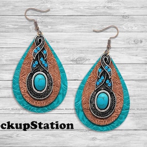 Drop Earring Sublimation Design, Teardrop Earring Turquoise Faux Leather Look PNG Template Download