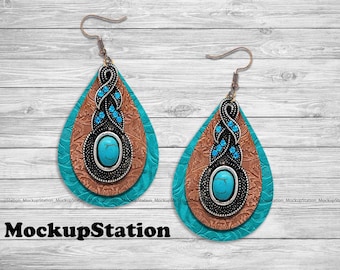 Drop Earring Sublimation Design, Teardrop Earring Turquoise Faux Leather Look PNG Template Download