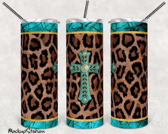 Leopard 20oz Skinny Tumbler Design Sublimation PNG, Cheetah Print Christian Turquoise Cross Tumbler Digital Download Template