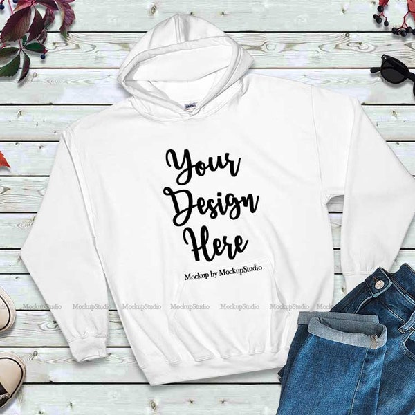 White Hoodie Mock Up, Winter Thanksgiving Gildan 18500 Heavy Blend Blank Hooded Sweatshirt Mockup, Fall Youth College Flat Lay Display