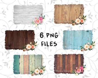 Pacote de imagens PNG com fundo de madeira rústica e molduras florais em aquarela (download digital)