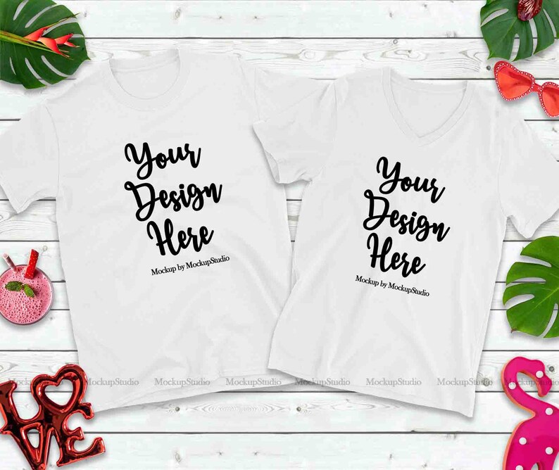 Download Matching Couple Two White T-Shirts Mockup Valentine Shirt ...