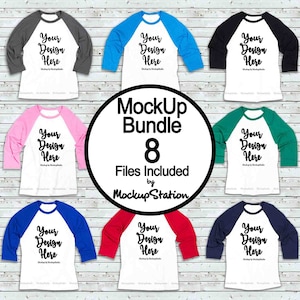 Bella Canva 3200 Raglan Mockup Bundle, 8 Baseball Tee Shirt Image Mock Up Collection, Unisex Women Youth Flat Lay Wood Background Display