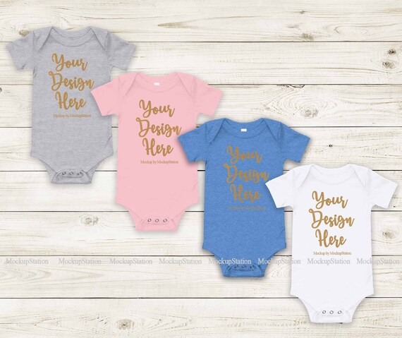 4 Baby Bodysuits Mockup Matching Pink White Blue Grey Blank Etsy
