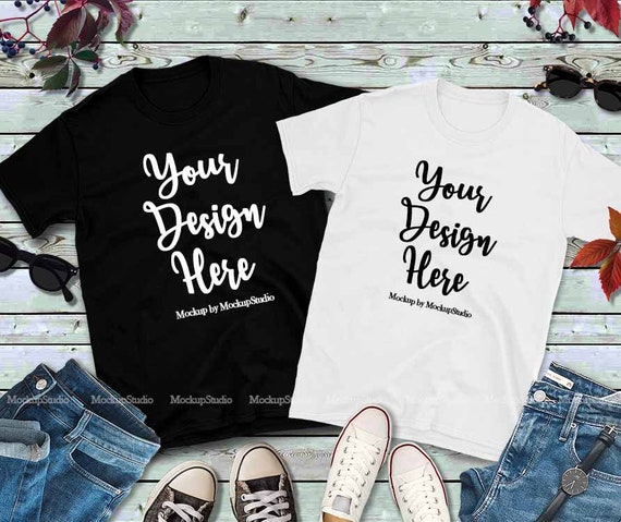 Couple Two Black White T Shirts Mockup Gildan 64000 Fall Flat Etsy