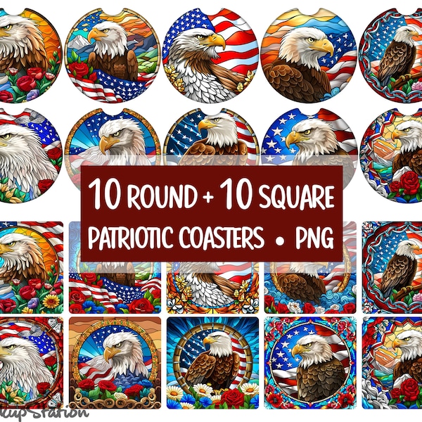 Patriotic USA Flag Car Coaster Sublimation Bundle, Square American Eagle Drink Coaster Design PNG