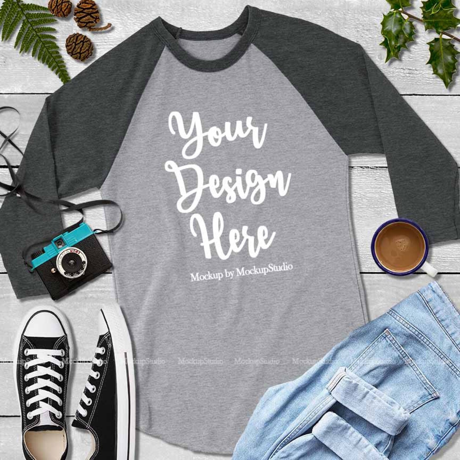 Fall Black and Grey Raglan Mockup Winter Baselball Shirt