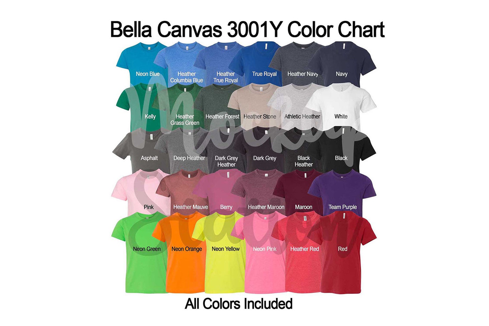 Color Chart for Bella Canvas 3001Y T-shirt Template Digital | Etsy