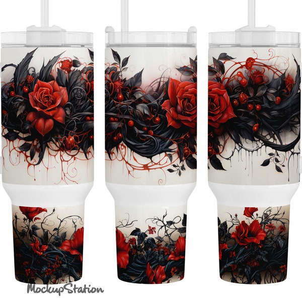 Halloween 40 oz Quencher Tumbler Wrap PNG | Red Roses Gothic Stanley Cup Sublimation Digital Design Download
