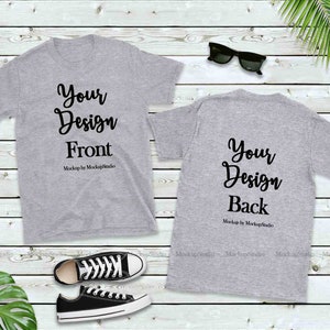 Front & Back Blank Tshirt Mockup, Athletic Heather Gray Shirt Mock Up, Double Side Tee Flat Lay, Unisex Women Youth Tee Jersey Wood Display