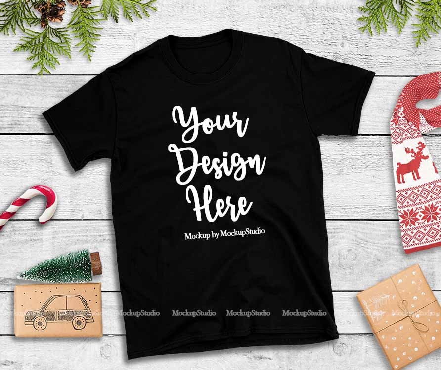 Download Christmas T-Shirt Mock Up Gildan Black 64000 Tshirt Flat ...