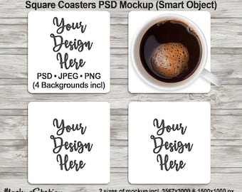Square Cup Coaster Mockup PSD File, Add Your Own Image and Background