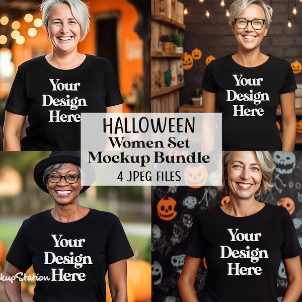 Halloween Women Black T-Shirt Mockup Bundle, Woman Fall Tee Mock Up with Older Model