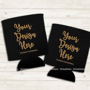 Two Black Can Coolers Mock Up, Wedding Favor Mockup, Bridesmaid Can Cover Flat Lay Display, Double Blank Stubby Holder Mockup, Drink Sleeve