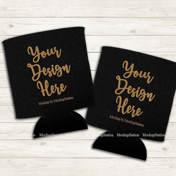 Two Black Can Coolers Mock Up, Wedding Favor Mockup, Bridesmaid Can Cover Flat Lay Display, Double Blank Stubby Holder Mockup, Drink Sleeve