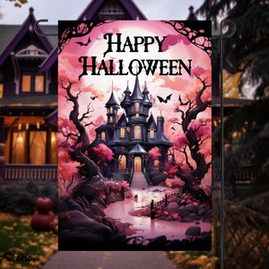 Projekt flagi ogrodowej nawiedzonego domu na Halloween w formacie PNG, pliki sublimacji różowego gotyckiego upiornego wystroju podwórka