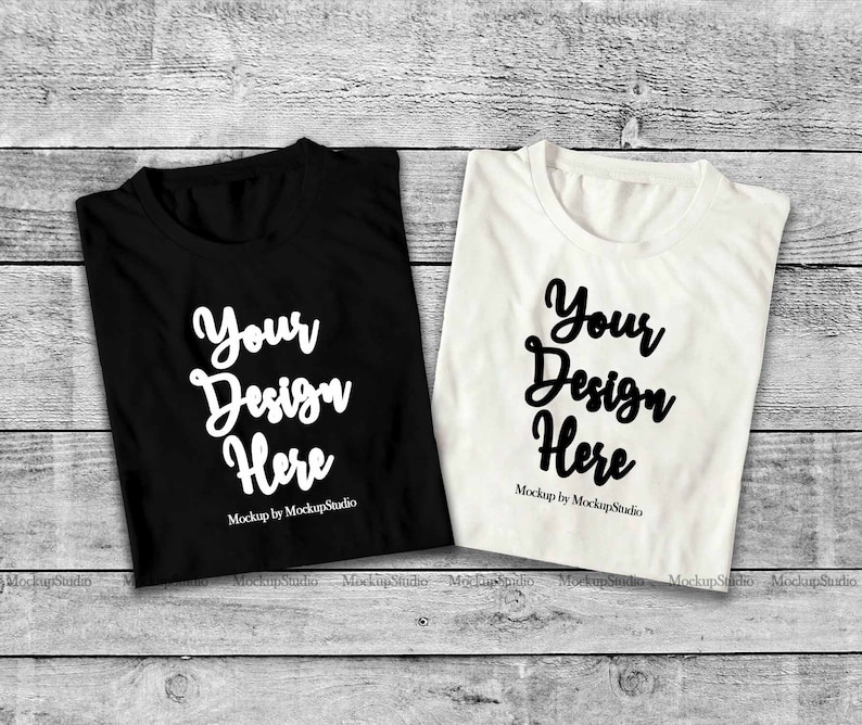 Download Two Folded Tshirts Mockup Black And White Double Top View ...