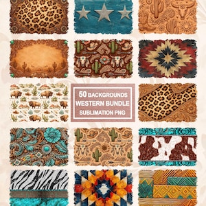 Può includere: Una collezione di 12 sfondi digitali a tema western. I disegni includono stampe animalier, motivi a stella, motivi di cactus e teschi di toro e disegni geometrici. Il testo "50 BACKGROUNDS WESTERN BUNDLE SUBMLIMATION PNG" è visibile.