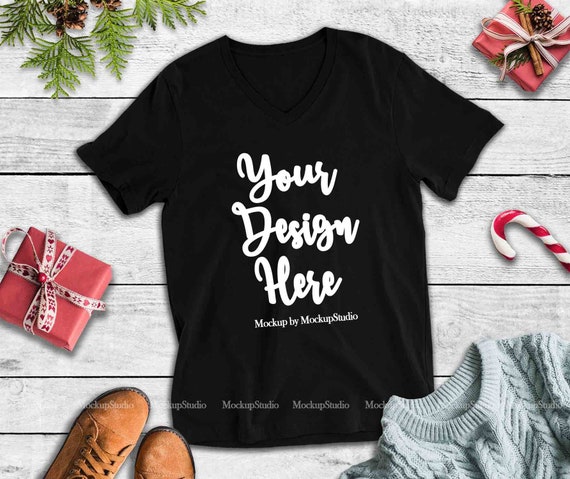 Black Christmas V Neck Tshirt Mockup Bella Canvas 3005 Etsy