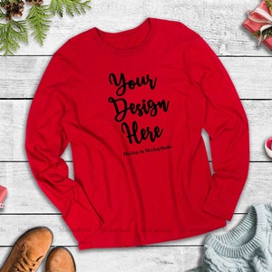 Próximo nível 3601 maquete de camisa de manga comprida vermelha de Natal, unissex feminino jovem férias de inverno camiseta de manga comprida simulada plana