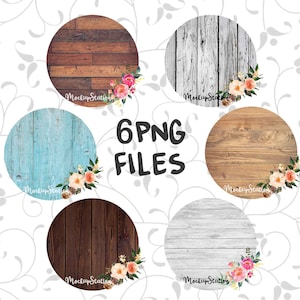 Puede incluir: Seis fondos digitales redondos de grano de madera con acentos florales. Los fondos están en varios tonos de marrón, azul y blanco. El texto "6 ARCHIVOS PNG" está en texto negro sobre fondo blanco.