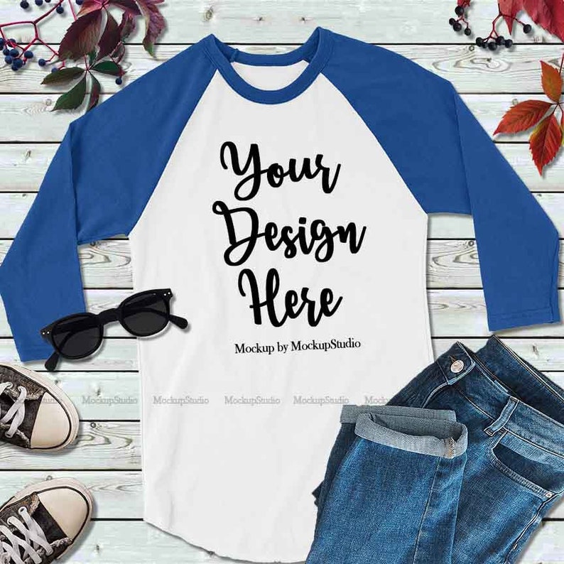 Download Blue and White Raglan Mockup Fall Autumn Raglan Tee Flat ...