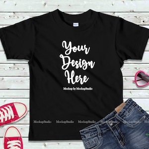 Kids Black Tshirt Mockup, Blank Girls T-shirt Flat Lay, Kids American Apparel 2105 Summer Style Black Shirt Mock Up, Styled T-Shirt Flat Lay