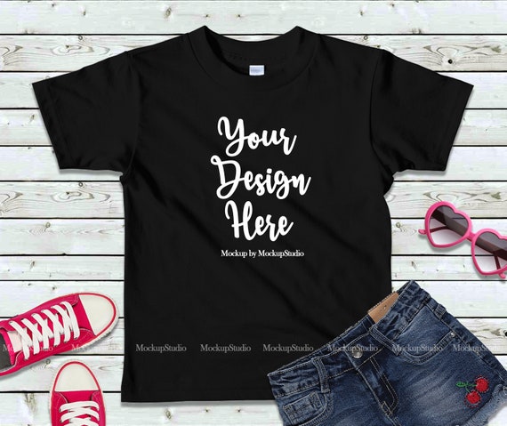 Download Kids Black Tshirt Mockup Blank Girls T Shirt Flat Lay Kids Etsy