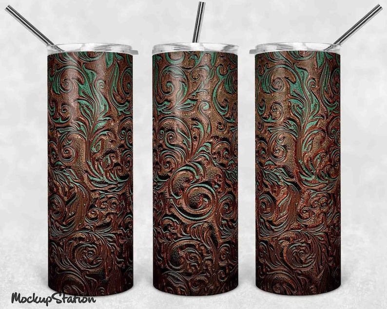 Download Art Collectibles Clip Art Western Tumbler Digital Download Template Tooled Leather 20oz Skinny Tumbler Sublimation Design Png