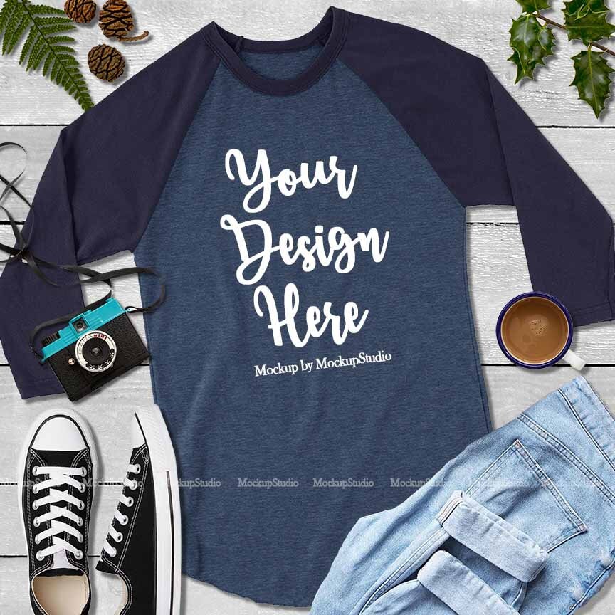 Download Fall Raglan Mockup Autumn Denim Navy Blue Raglan Tee Flat ...