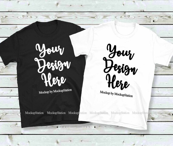 Download Double Black White T Shirts Mockup Gildan 64000 Group Shirt Flat Lay Unisex Women Youth Family Siblings Couple Matching Tee Mock Up Set
