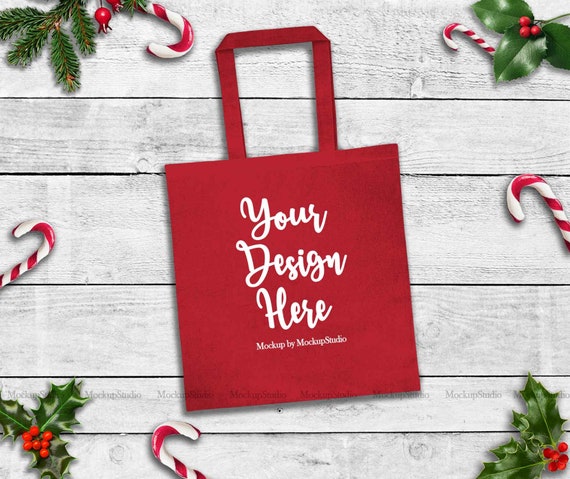 Christmas Red Tote Bag Mockup Winter Canvas Tote Flat Lay Etsy