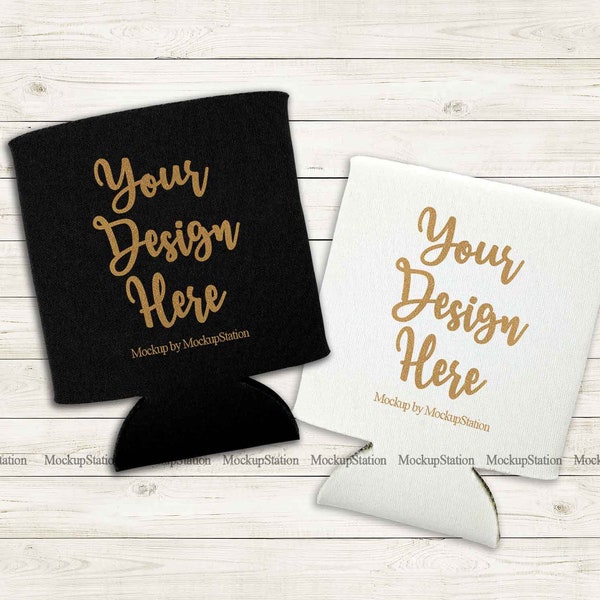 Two Black White Can Coolers Mock Up, Wedding Favor Mockup, Bridesmaid Can Cover Flat Lay, Double Bride Groom Blank Stubby Holder Mockup