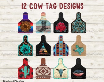 Cow Tag PNG Bundle, Cattle Earring Ear Tag Sublimation Template Design, Western Key Chain Clip Art Instant Download