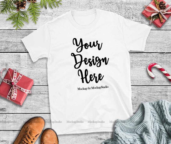 Download Christmas White T Shirt Mockup Gildan 64000 Tshirt Flat Lay Etsy PSD Mockup Templates