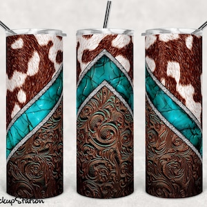 Western Cowhide 20oz Skinny Tumbler Design Sublimation PNG, Tooled Leather Print Tumbler Digital Download Template