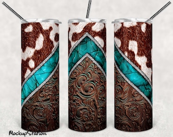 Western Cowhide 20oz Skinny Tumbler Design Sublimation PNG, Tooled Leather Print Tumbler Digital Download Template