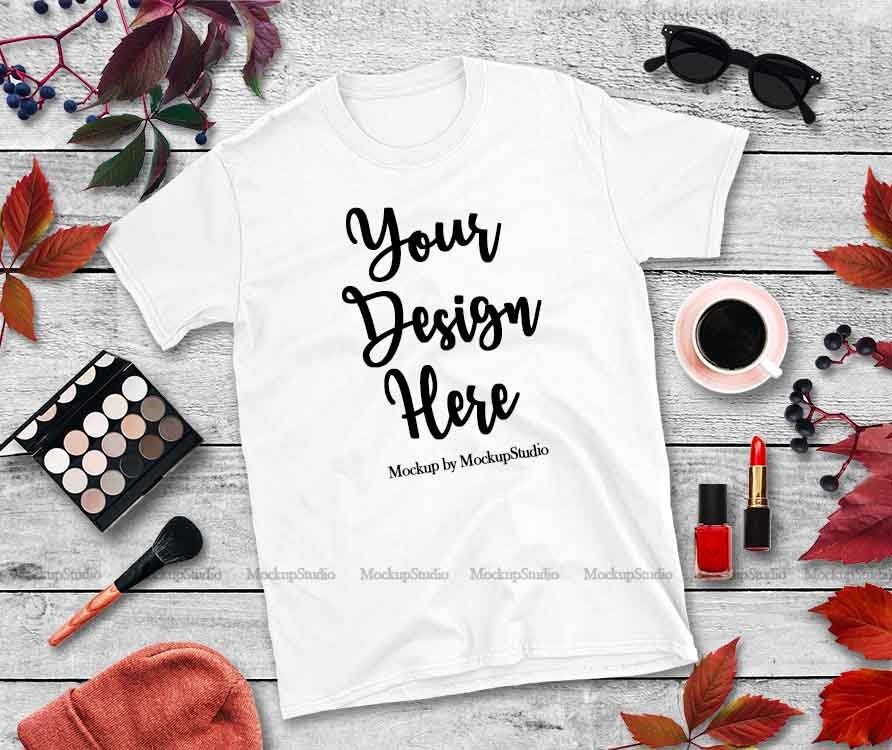 Download Fall White Tshirt Mockup Gildan 64000 Blank Shirt Autumn ...