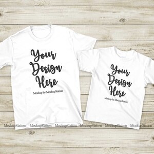 Matching Family Two White T-Shirts Mockup, Unisex Women Parents Kids Shirt, Gildan 64000 Double Tshirt Flat Lay Mock Up