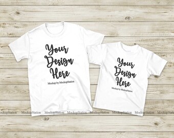 Matching Family Two White T-Shirts Mockup, Unisex Women Parents Kids Shirt, Gildan 64000 Double Tshirt Flat Lay Mock Up