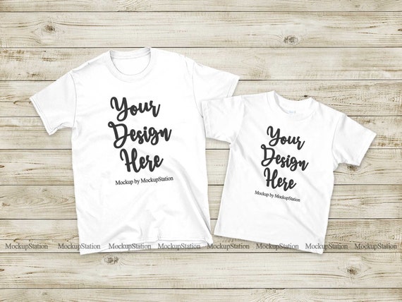 Matching Family Two White T-Shirts Mockup, Unisex Women Parents Kids Shirt, Gildan 64000 Double Tshirt Flat Lay Mock Up