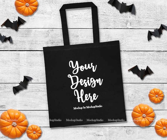 Download Halloween Tote Bag Mockup Fall Black Canvas Tote Flat Lay Etsy