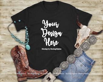 Western T-Shirt Mockup, Gildan 64000, Black Tee Flat Lay (Digital Download)